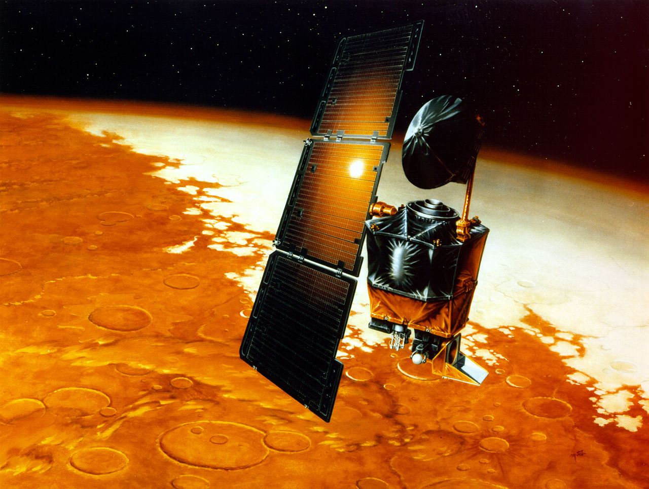 Rendering of the Mars Climate Orbiter above a white and orange planet