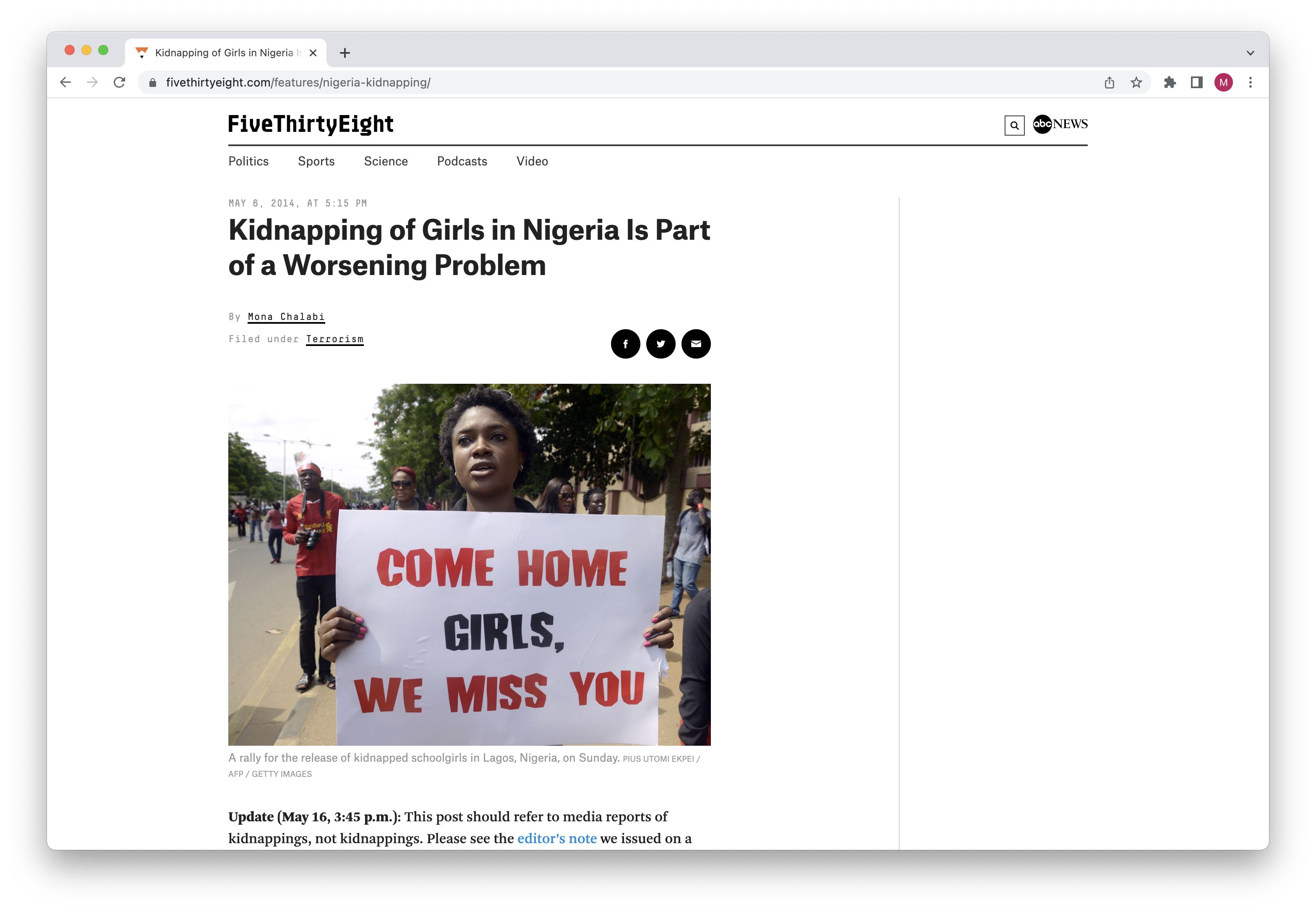 A web browser displaying the article 'Kidnapping of Girls in Nigeria Is Part of a Worsening Problem' on fivethirtyeight.com