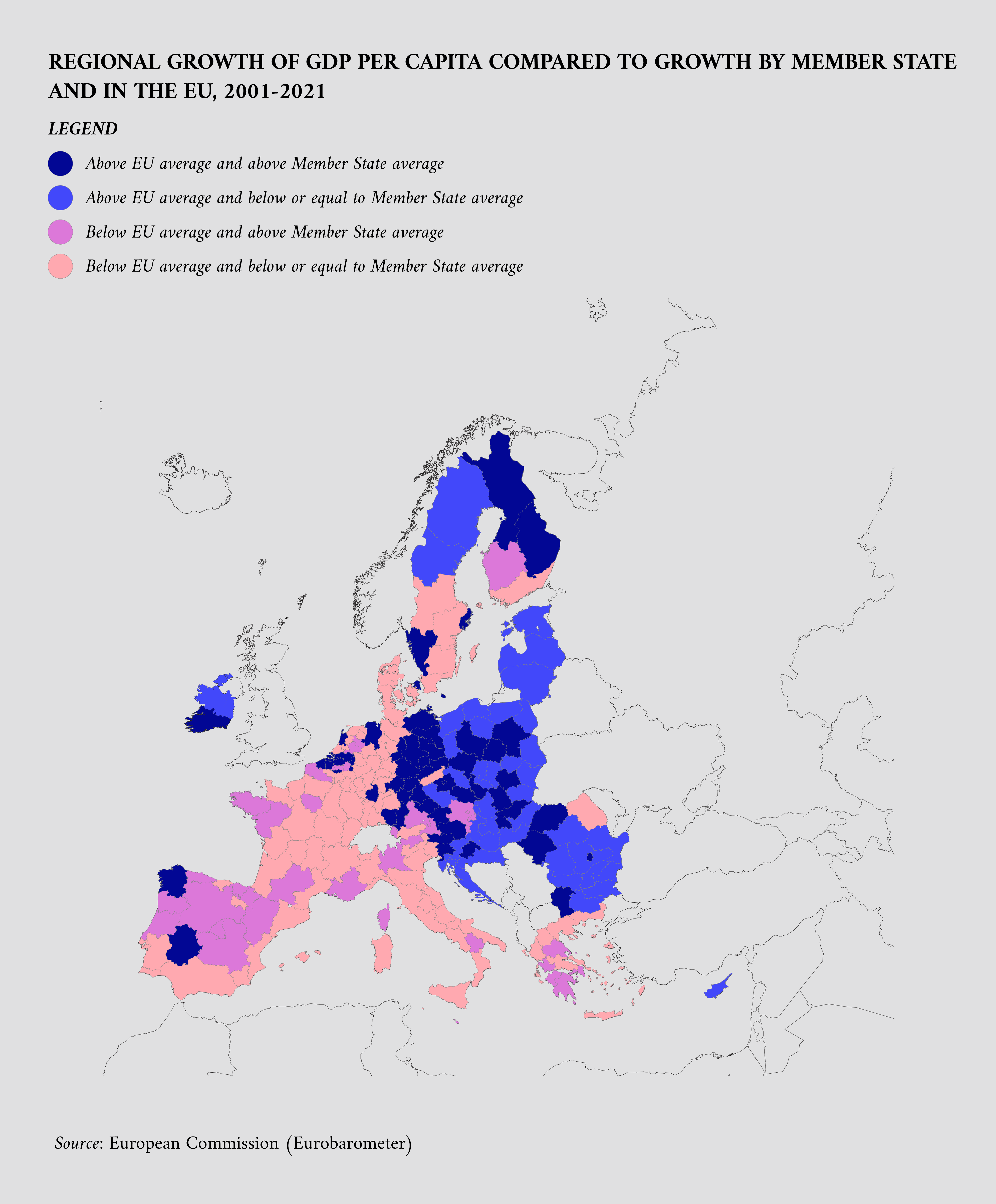 Regional growth of GDP per capita compared to growth by Member State and in the EU, 2001–2021